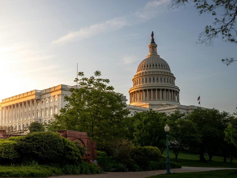 The United States Capitol at sunrise, seen from the grounds