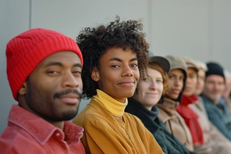 A row of people seated together, looking toward the camera