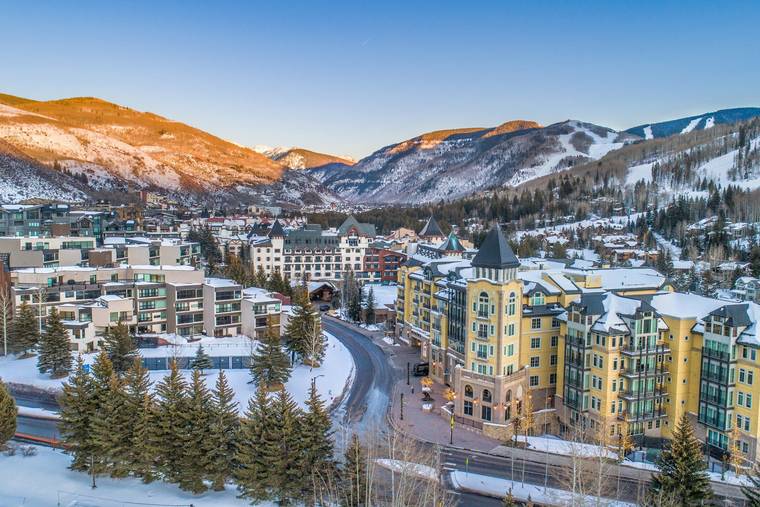 Vail village in winter, framed by snow-covered mountains
