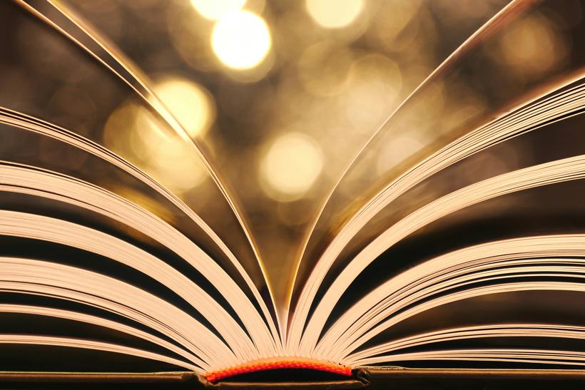 An open book, pages fanned, lit from behind